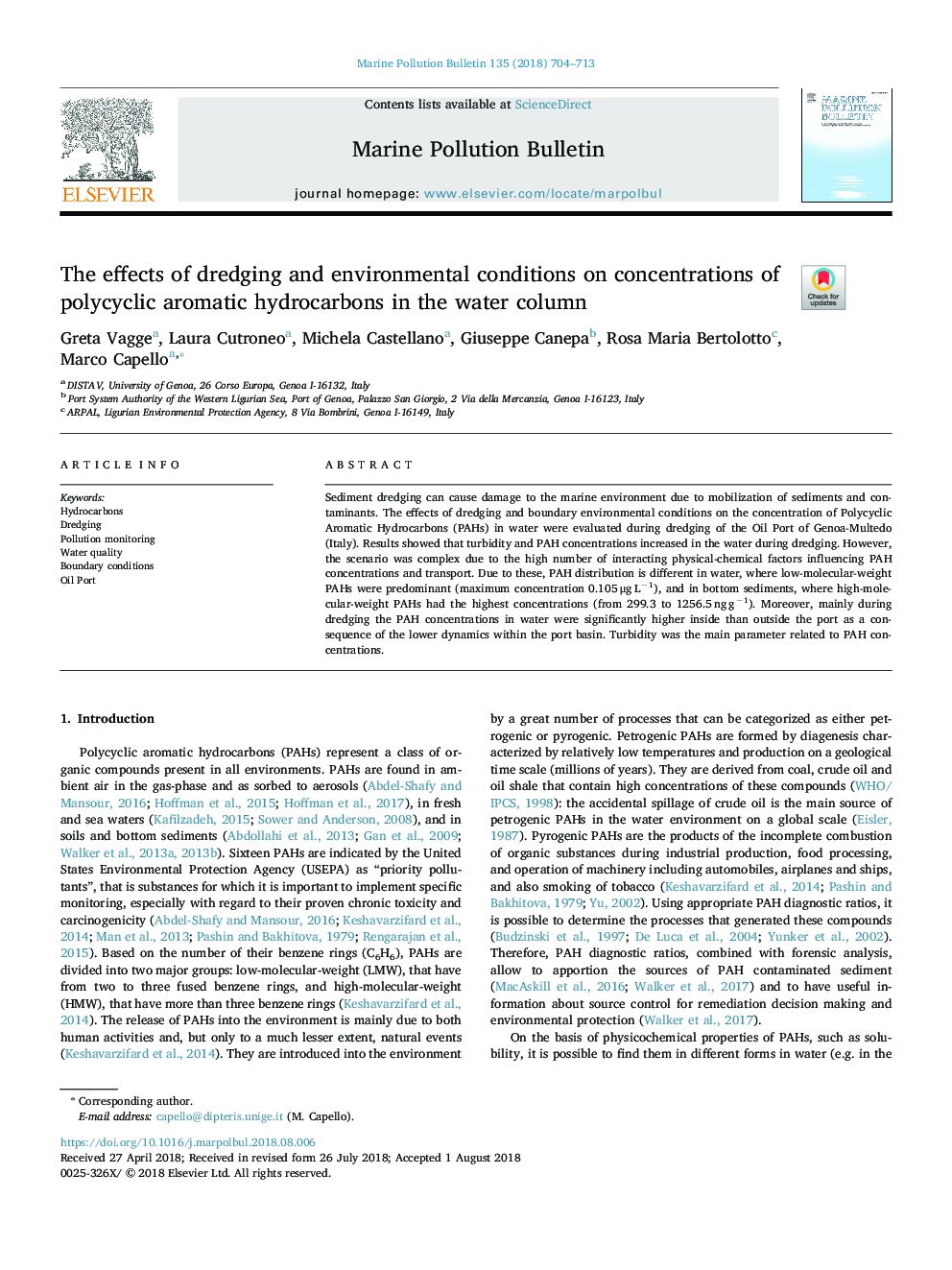 The effects of dredging and environmental conditions on concentrations of polycyclic aromatic hydrocarbons in the water column