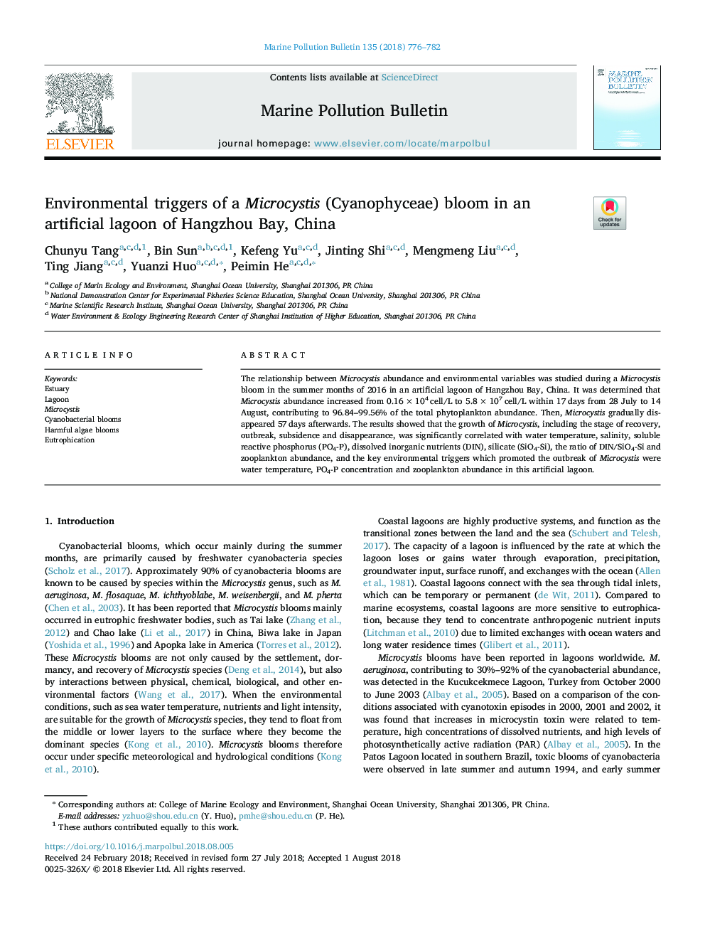 Environmental triggers of a Microcystis (Cyanophyceae) bloom in an artificial lagoon of Hangzhou Bay, China