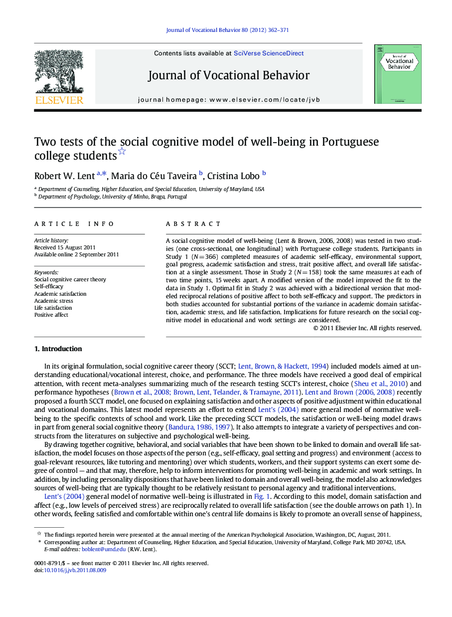 Two tests of the social cognitive model of well-being in Portuguese college students 