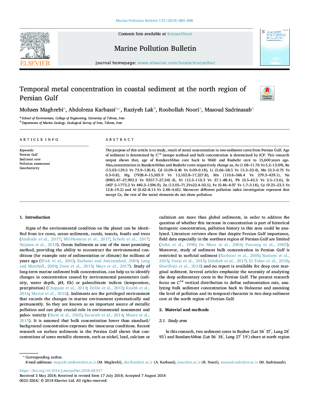 Temporal metal concentration in coastal sediment at the north region of Persian Gulf