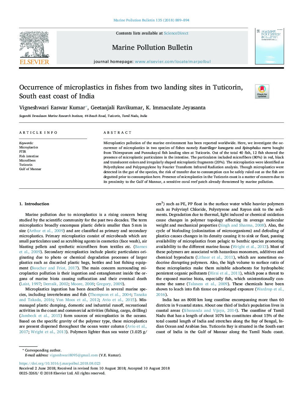 Occurrence of microplastics in fishes from two landing sites in Tuticorin, South east coast of India