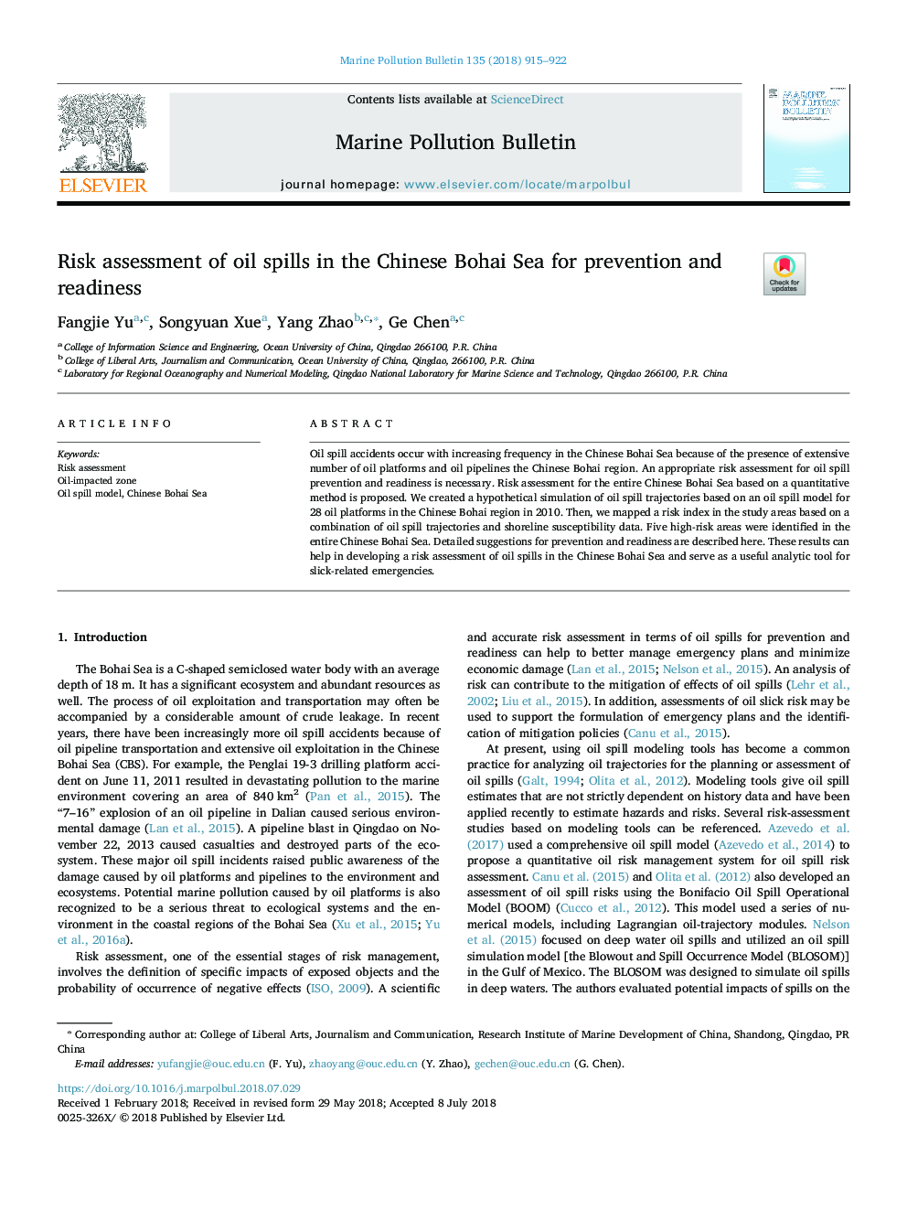 Risk assessment of oil spills in the Chinese Bohai Sea for prevention and readiness
