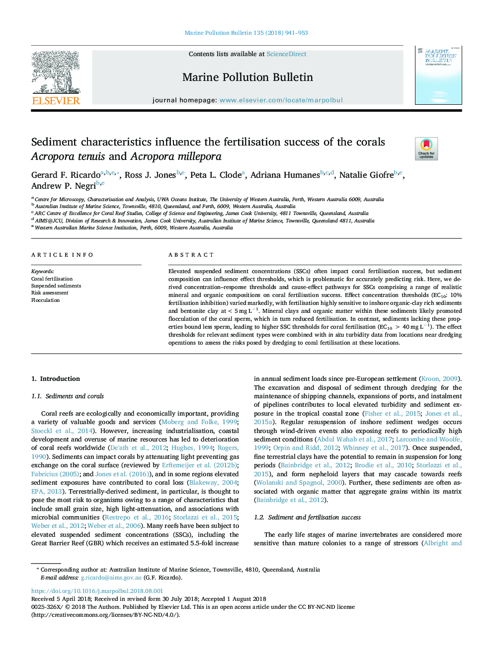 Sediment characteristics influence the fertilisation success of the corals Acropora tenuis and Acropora millepora