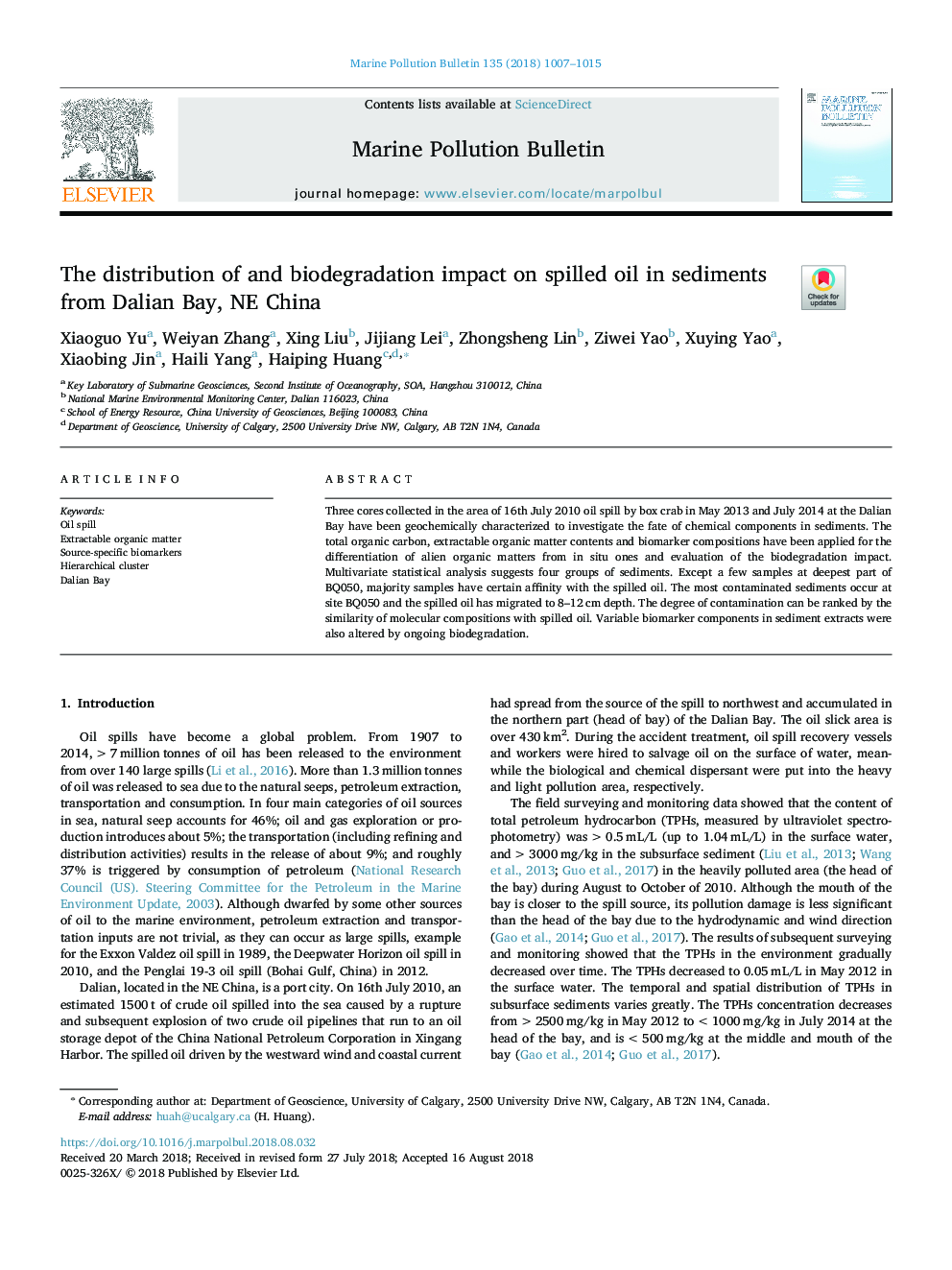 The distribution of and biodegradation impact on spilled oil in sediments from Dalian Bay, NE China