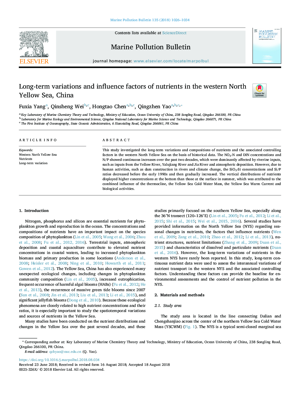 Long-term variations and influence factors of nutrients in the western North Yellow Sea, China