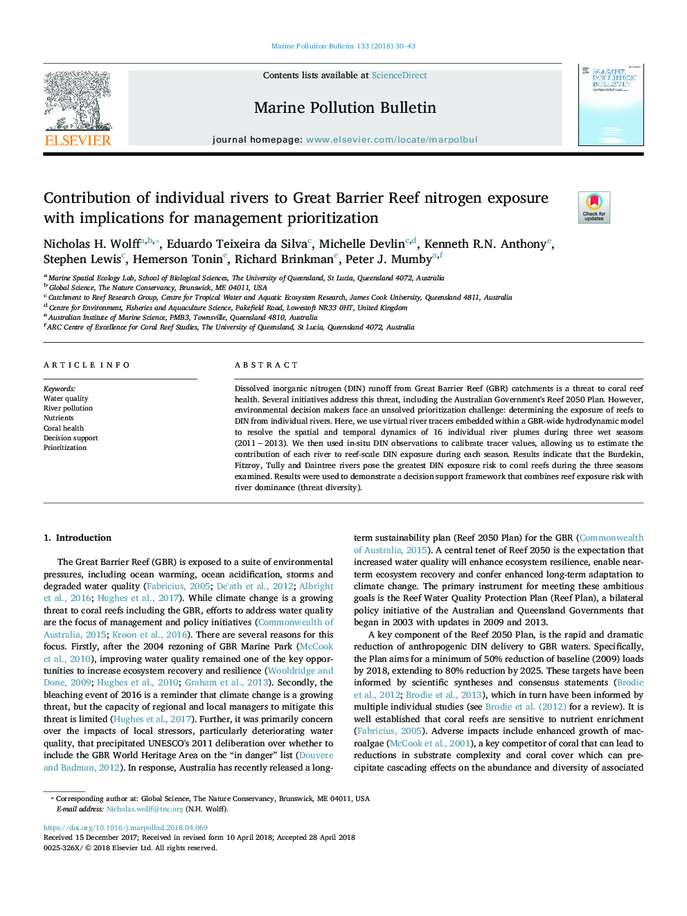 Contribution of individual rivers to Great Barrier Reef nitrogen exposure with implications for management prioritization