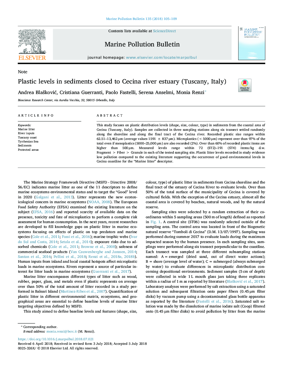 Plastic levels in sediments closed to Cecina river estuary (Tuscany, Italy)