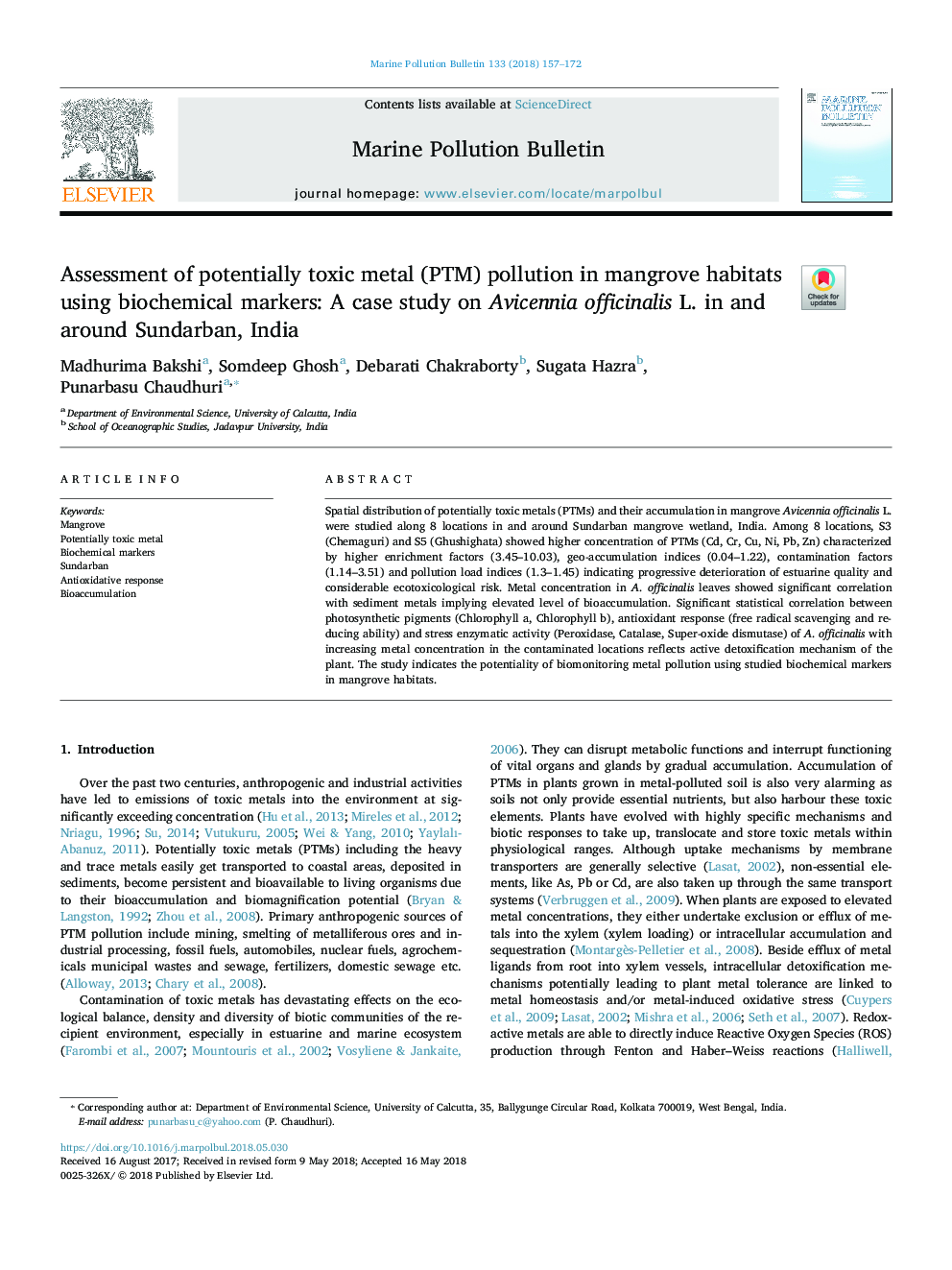 Assessment of potentially toxic metal (PTM) pollution in mangrove habitats using biochemical markers: A case study on Avicennia officinalis L. in and around Sundarban, India