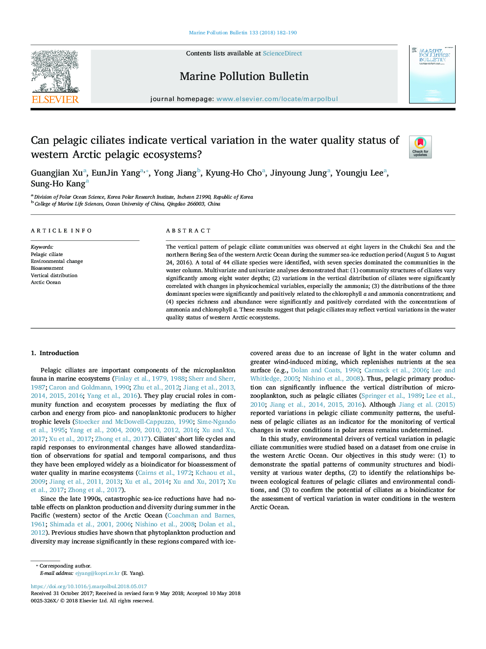 Can pelagic ciliates indicate vertical variation in the water quality status of western Arctic pelagic ecosystems?