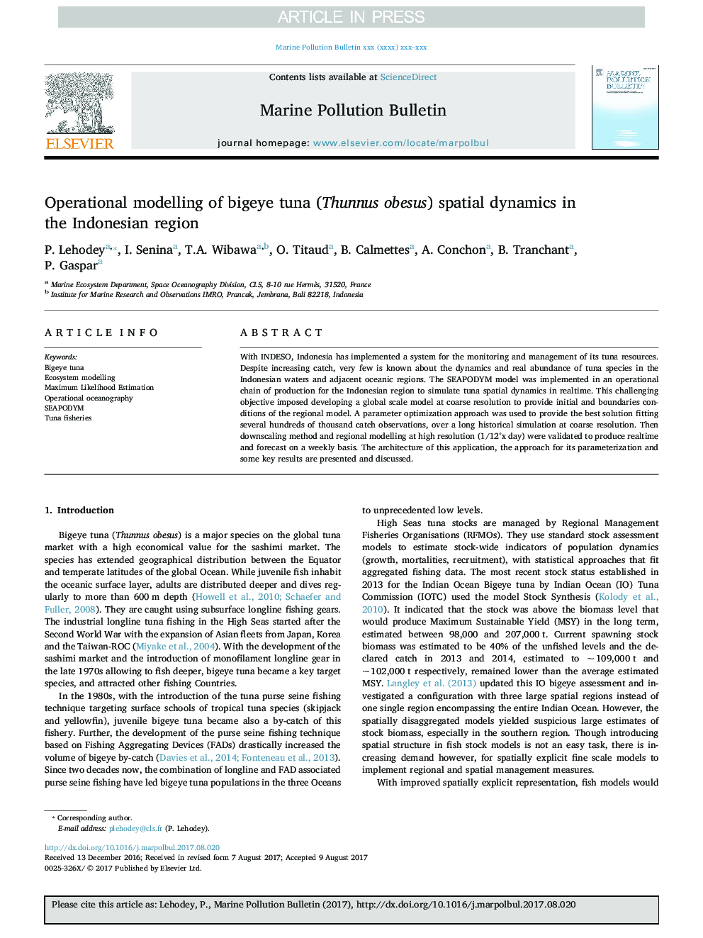 عکس صفحه اول مقاله: Operational modelling of bigeye tuna (Thunnus obesus) spatial dynamics in the Indonesian region Operational modelling of bigeye tuna (Thunnus obesus) spatial dynamics in the Indonesian region