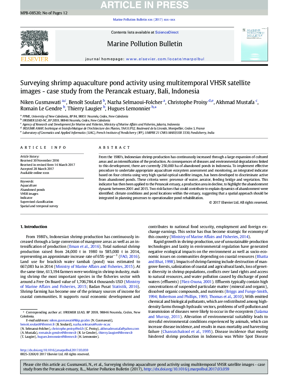 Surveying shrimp aquaculture pond activity using multitemporal VHSR satellite images - case study from the Perancak estuary, Bali, Indonesia