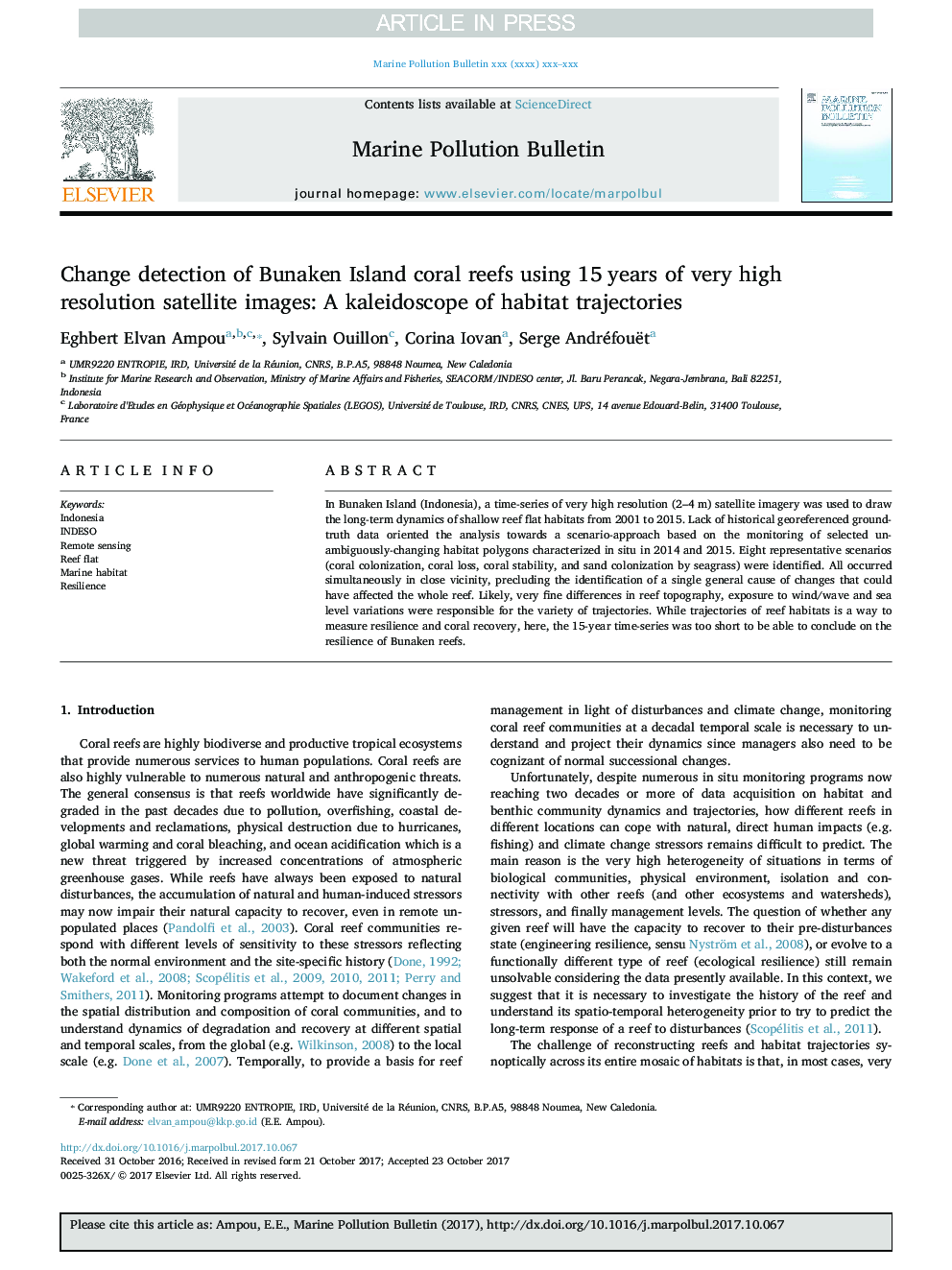 Change detection of Bunaken Island coral reefs using 15Â years of very high resolution satellite images: A kaleidoscope of habitat trajectories