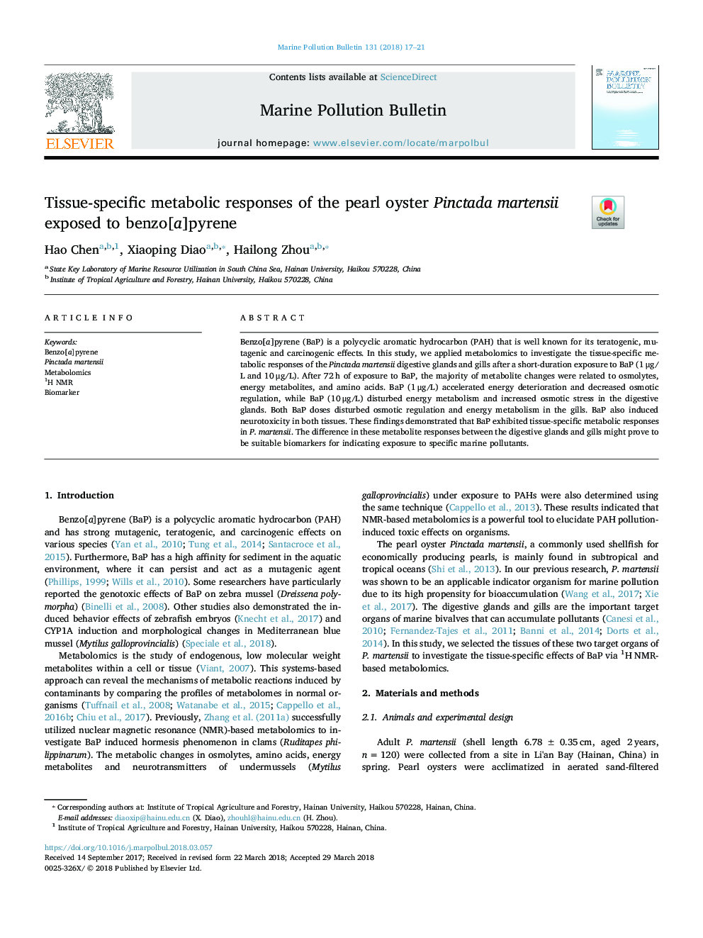 Tissue-specific metabolic responses of the pearl oyster Pinctada martensii exposed to benzo[a]pyrene