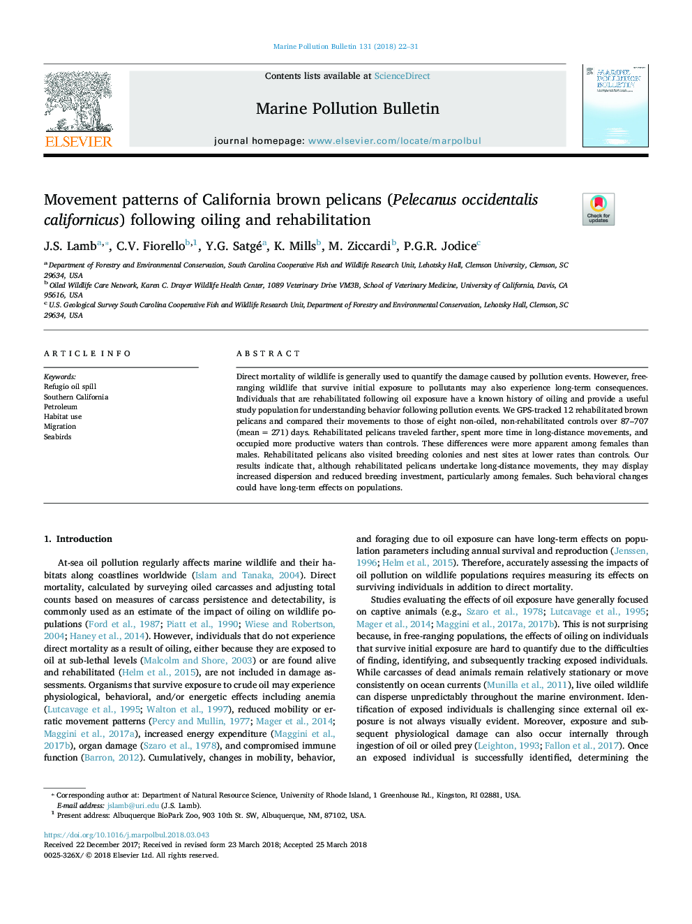 Movement patterns of California brown pelicans (Pelecanus occidentalis californicus) following oiling and rehabilitation