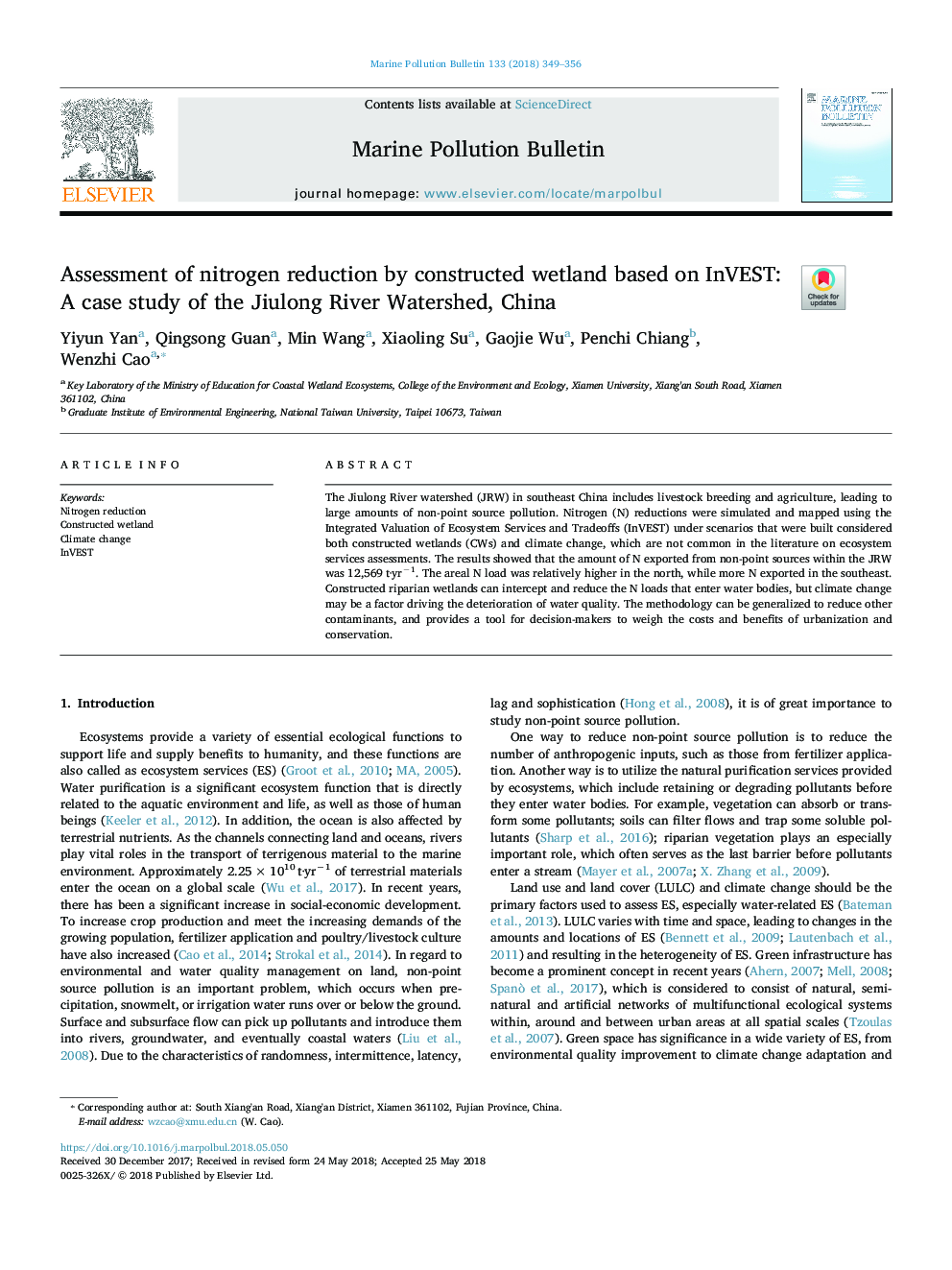 Assessment of nitrogen reduction by constructed wetland based on InVEST: A case study of the Jiulong River Watershed, China