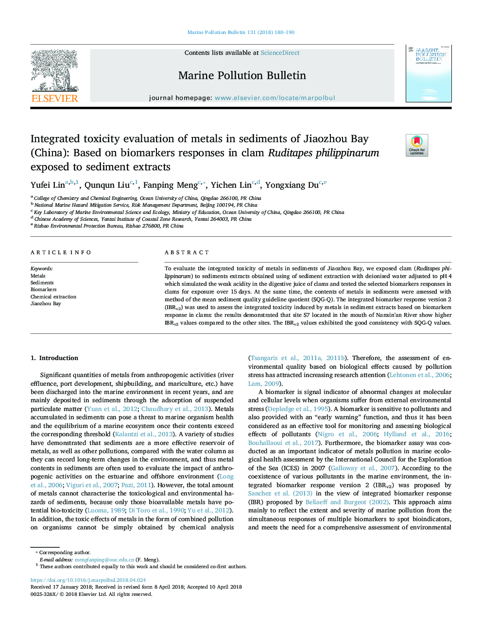 Integrated toxicity evaluation of metals in sediments of Jiaozhou Bay (China): Based on biomarkers responses in clam Ruditapes philippinarum exposed to sediment extracts