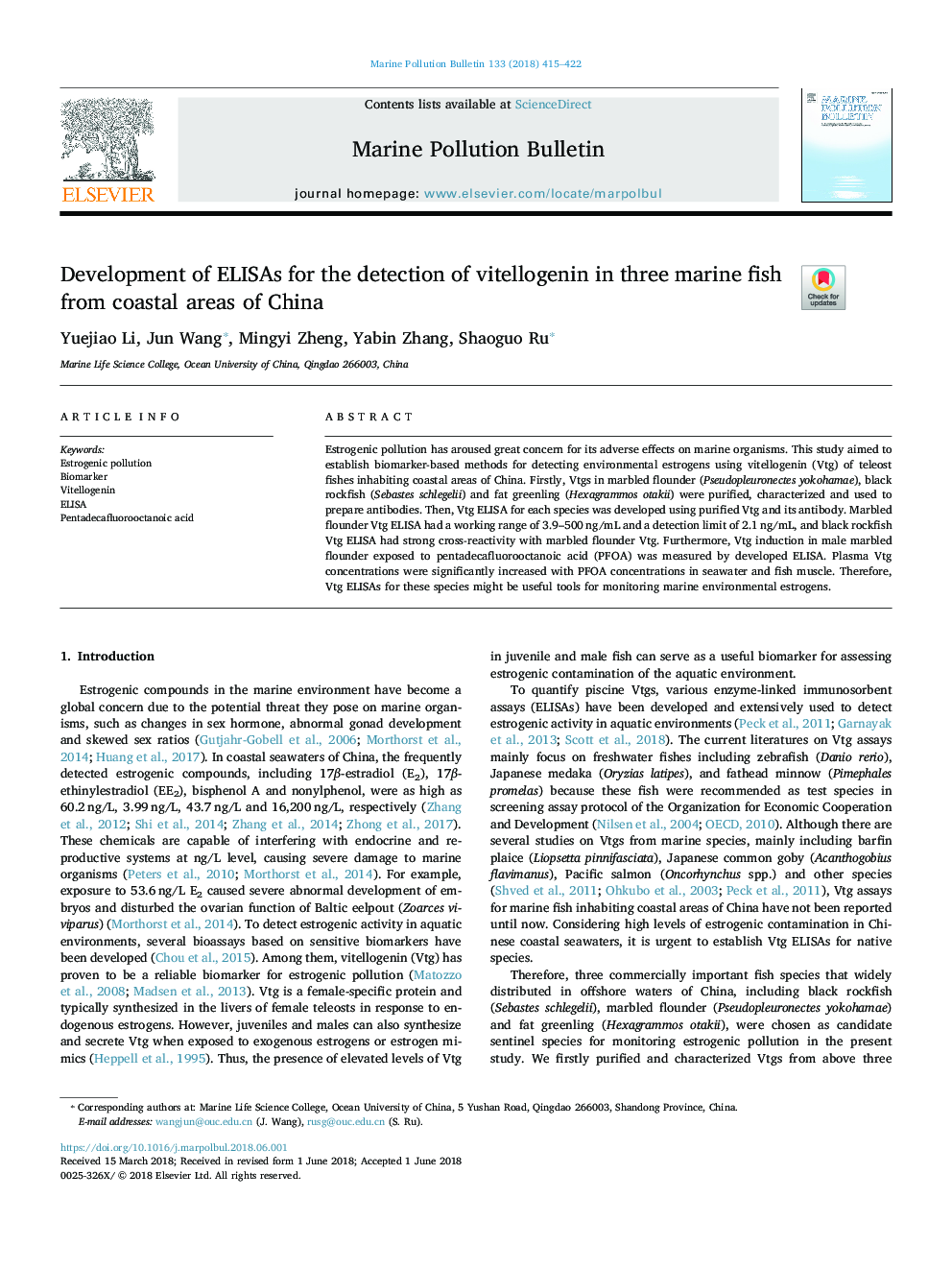 Development of ELISAs for the detection of vitellogenin in three marine fish from coastal areas of China