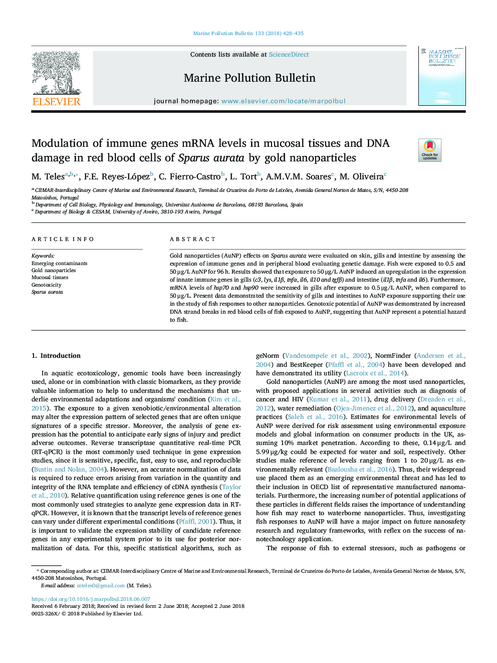 Modulation of immune genes mRNA levels in mucosal tissues and DNA damage in red blood cells of Sparus aurata by gold nanoparticles