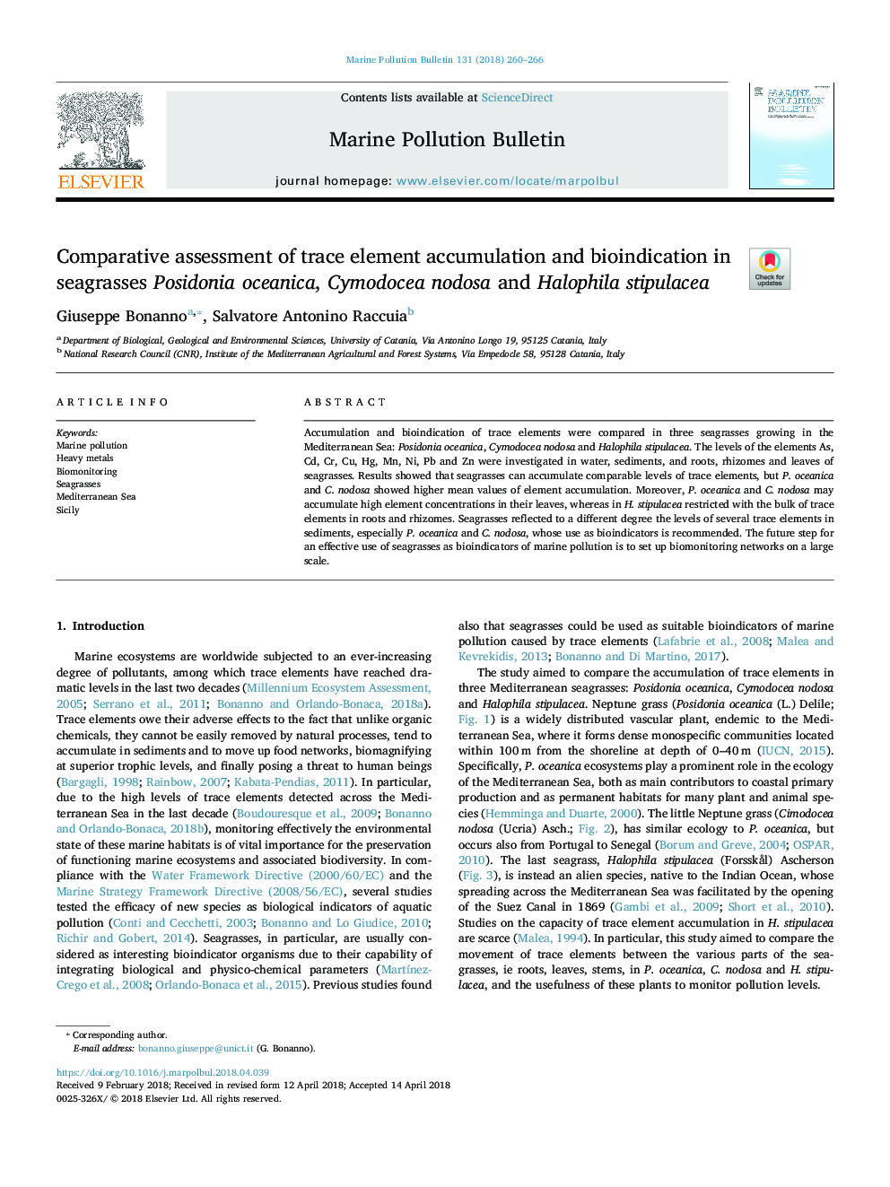 Comparative assessment of trace element accumulation and bioindication in seagrasses Posidonia oceanica, Cymodocea nodosa and Halophila stipulacea