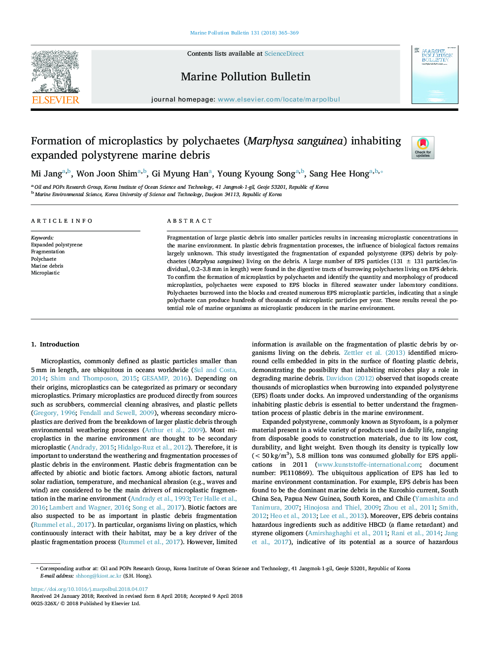 Formation of microplastics by polychaetes (Marphysa sanguinea) inhabiting expanded polystyrene marine debris