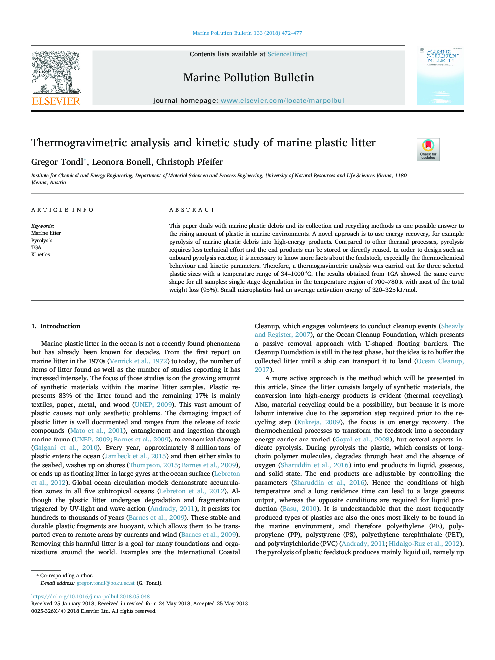 تجزیه و تحلیل ترموگرامتری و مطالعه جنبشی بستر پلاستیکی دریایی 