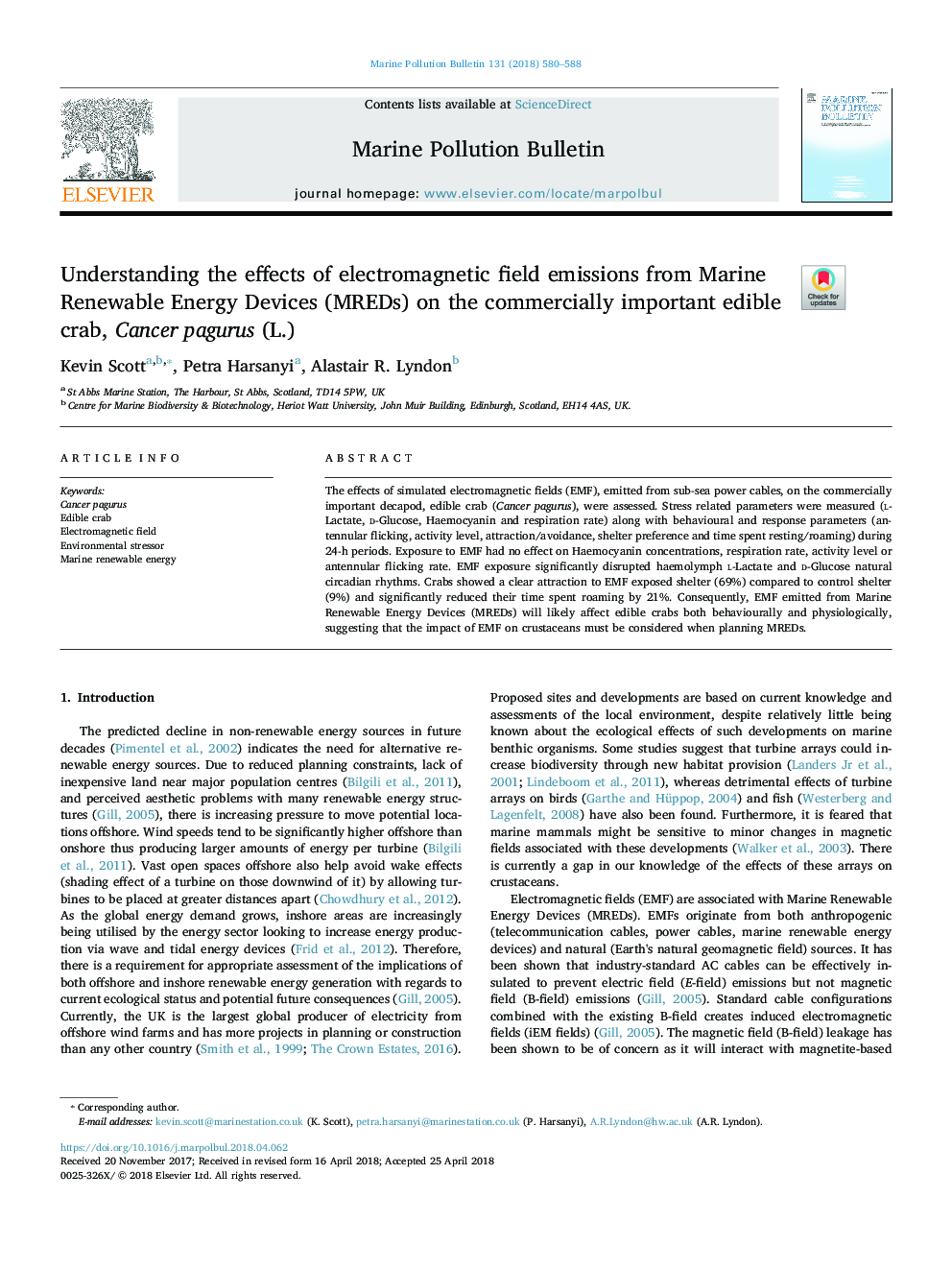 Understanding the effects of electromagnetic field emissions from Marine Renewable Energy Devices (MREDs) on the commercially important edible crab, Cancer pagurus (L.)