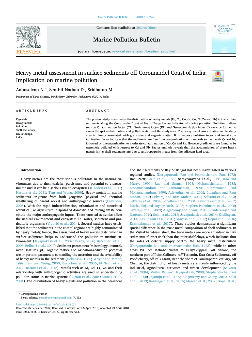 Heavy metal assessment in surface sediments off Coromandel Coast of India: Implication on marine pollution