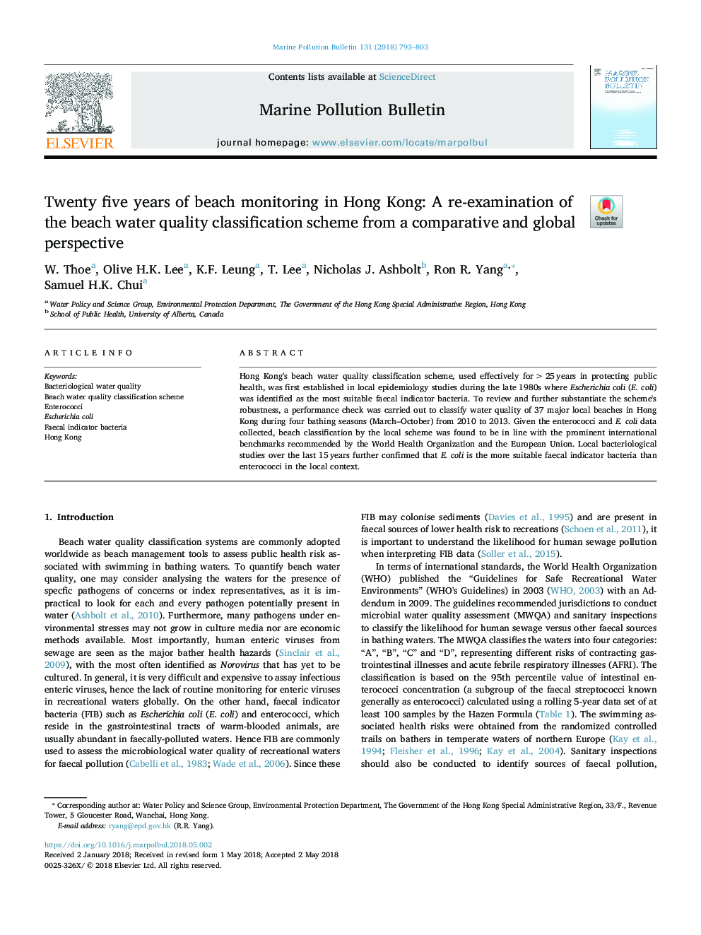 Twenty five years of beach monitoring in Hong Kong: A re-examination of the beach water quality classification scheme from a comparative and global perspective