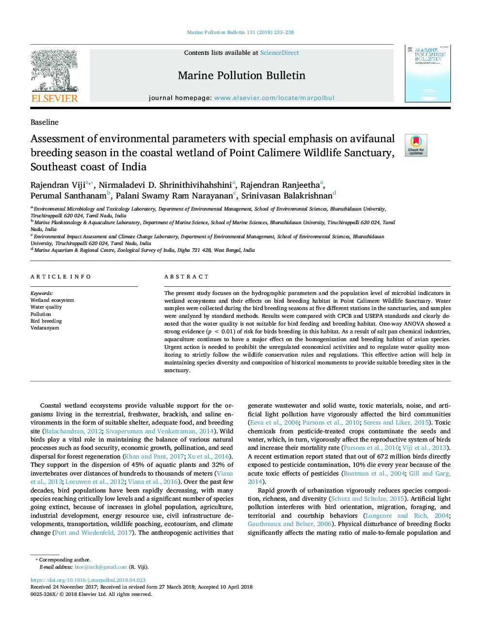 عکس صفحه اول مقاله: Assessment of environmental parameters with special emphasis on avifaunal breeding season in the coastal wetland of Point Calimere Wildlife Sanctuary, Southeast coast of India Assessment of environmental parameters with special emphasis on avifaunal breeding season in the coastal wetland of Point Calimere Wildlife Sanctuary, Southeast coast of India