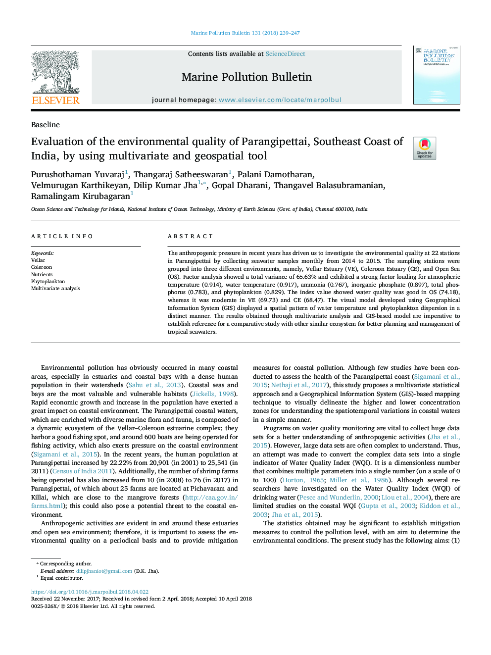 Evaluation of the environmental quality of Parangipettai, Southeast Coast of India, by using multivariate and geospatial tool