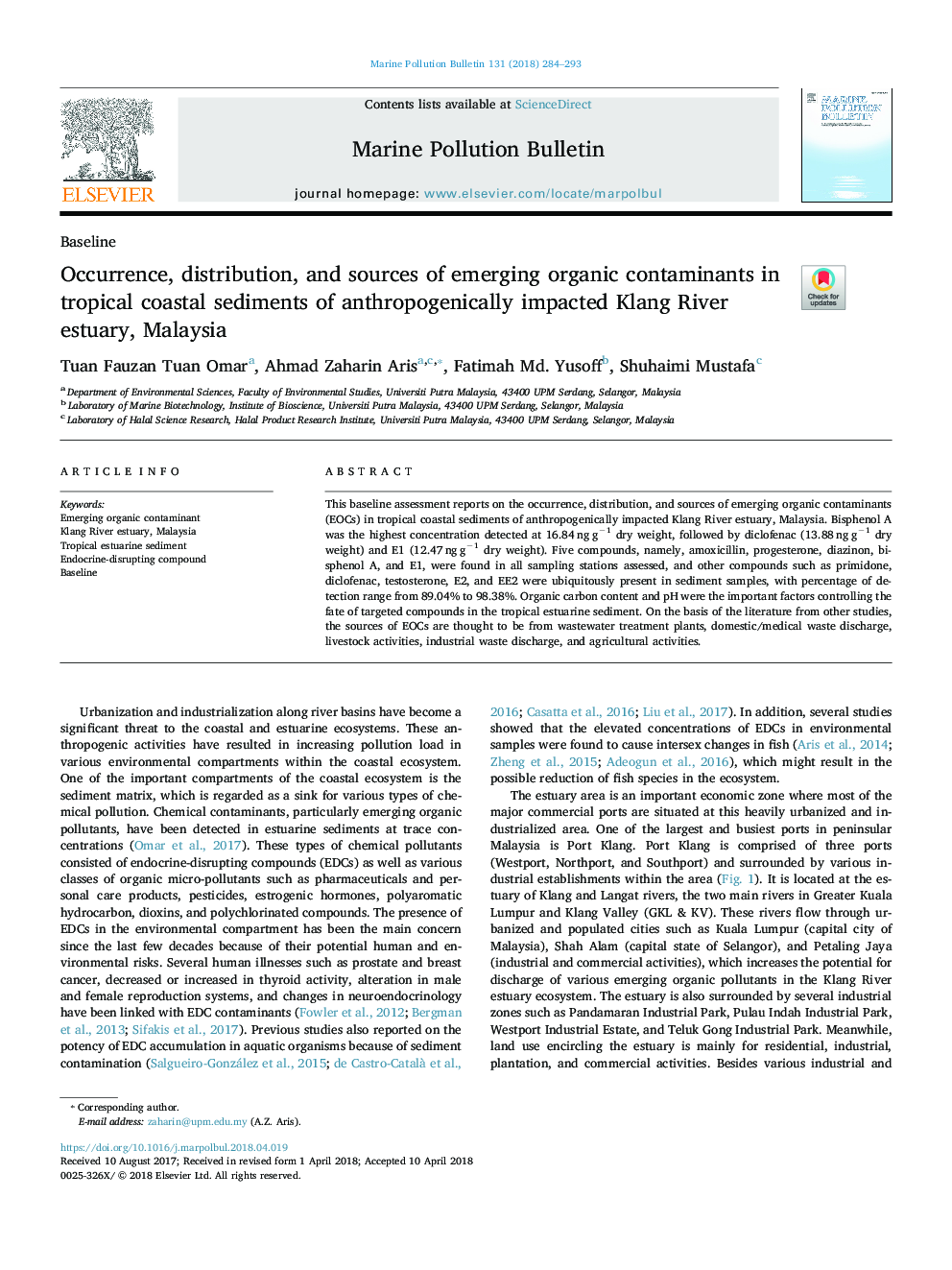 Occurrence, distribution, and sources of emerging organic contaminants in tropical coastal sediments of anthropogenically impacted Klang River estuary, Malaysia