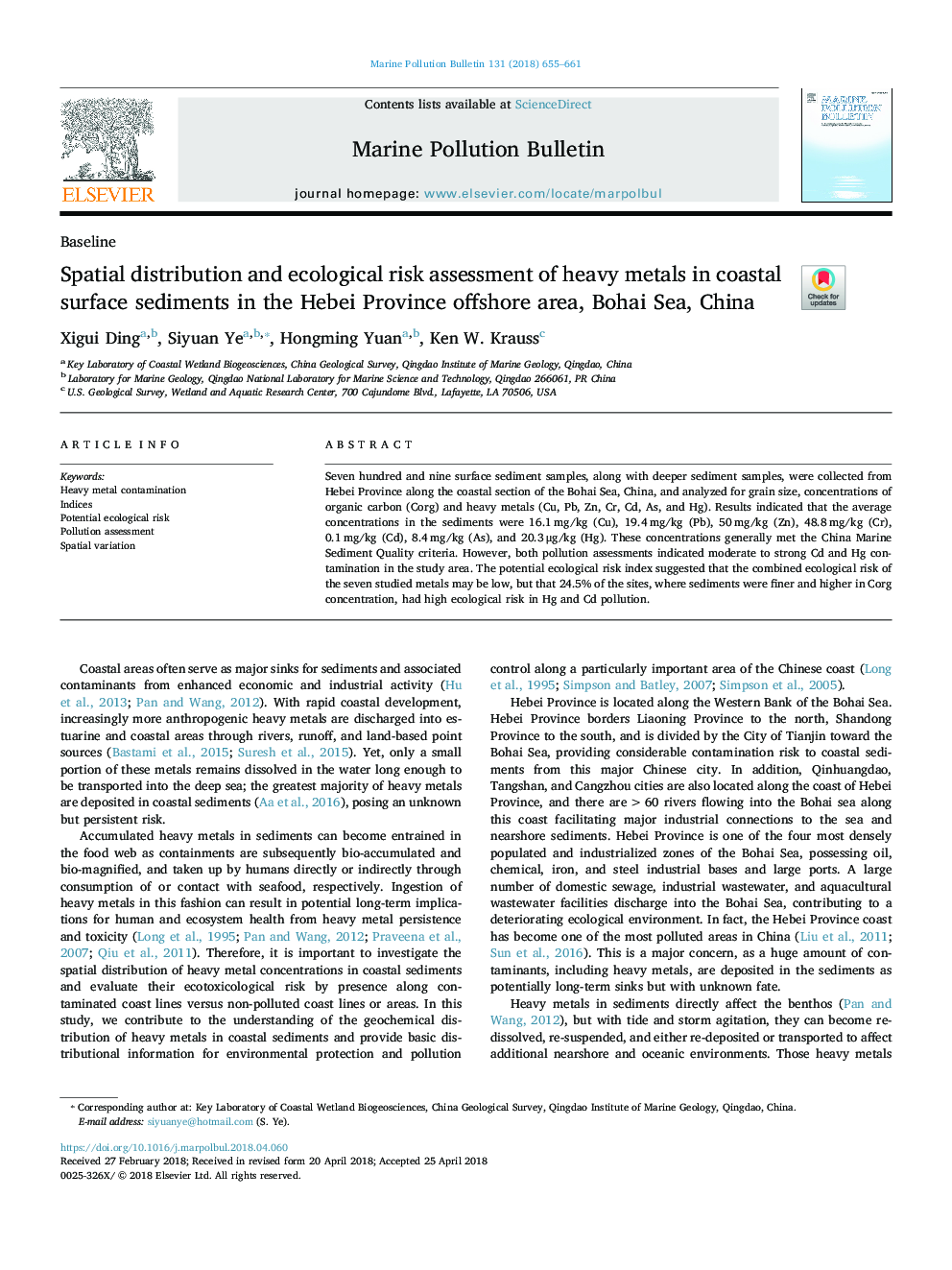 Spatial distribution and ecological risk assessment of heavy metals in coastal surface sediments in the Hebei Province offshore area, Bohai Sea, China