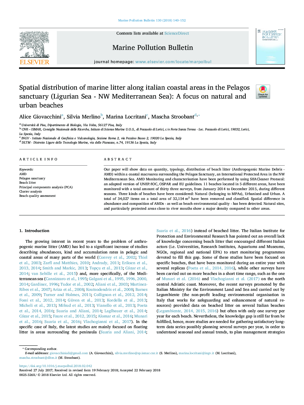 Spatial distribution of marine litter along italian coastal areas in the Pelagos sanctuary (Ligurian Sea - NW Mediterranean Sea): A focus on natural and urban beaches