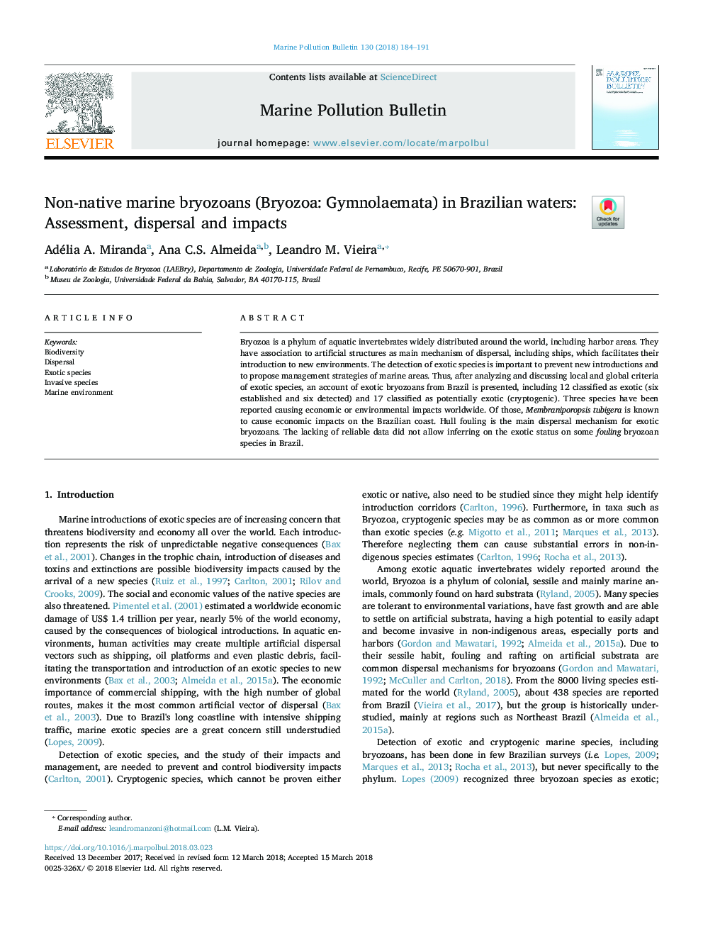 Non-native marine bryozoans (Bryozoa: Gymnolaemata) in Brazilian waters: Assessment, dispersal and impacts