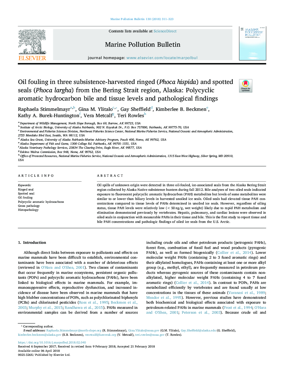 Oil fouling in three subsistence-harvested ringed (Phoca hispida) and spotted seals (Phoca largha) from the Bering Strait region, Alaska: Polycyclic aromatic hydrocarbon bile and tissue levels and pathological findings