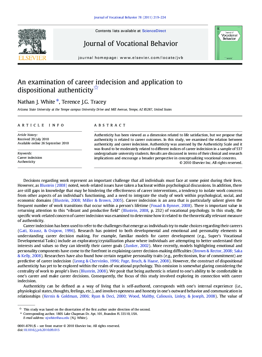 An examination of career indecision and application to dispositional authenticity 