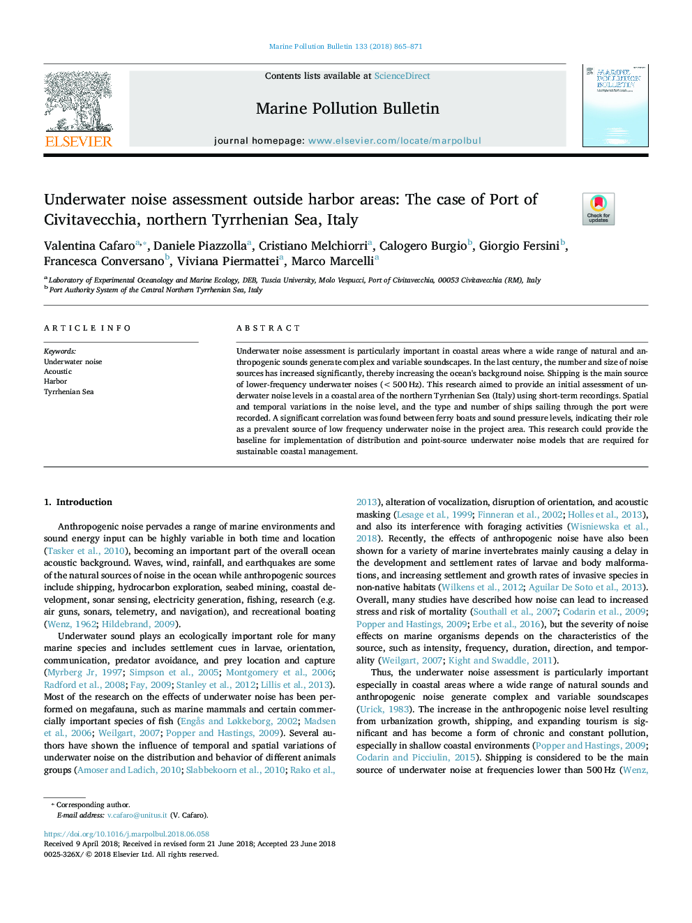 Underwater noise assessment outside harbor areas: The case of Port of Civitavecchia, northern Tyrrhenian Sea, Italy