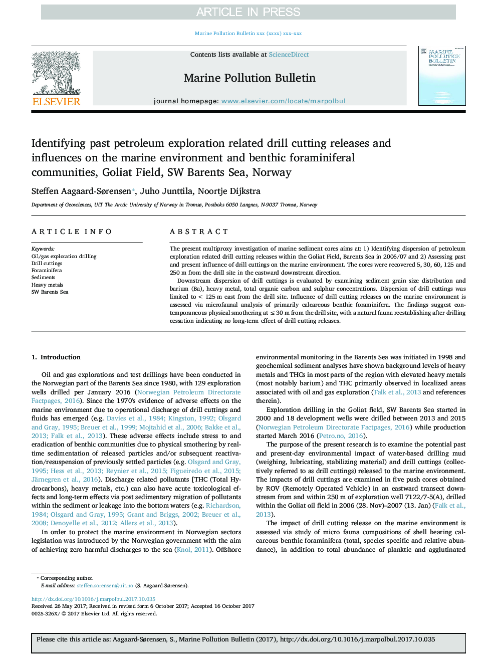 Identifying past petroleum exploration related drill cutting releases and influences on the marine environment and benthic foraminiferal communities, Goliat Field, SW Barents Sea, Norway