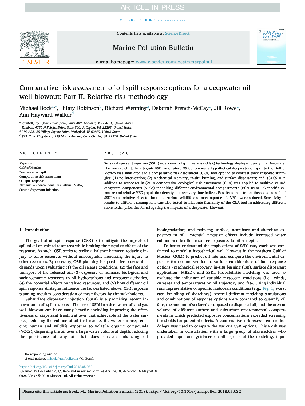 Comparative risk assessment of oil spill response options for a deepwater oil well blowout: Part II. Relative risk methodology