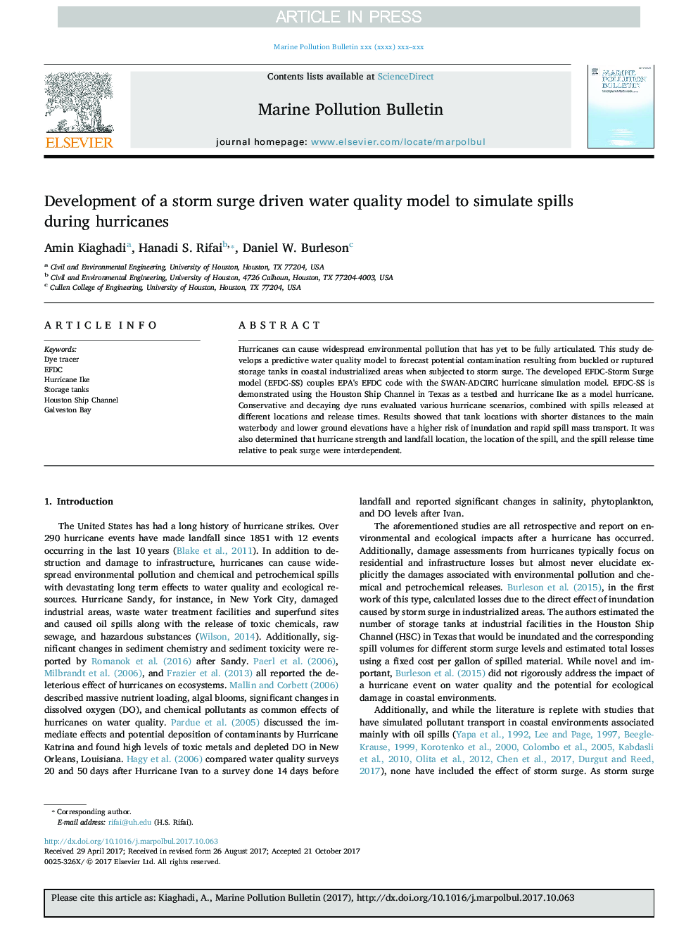 Development of a storm surge driven water quality model to simulate spills during hurricanes