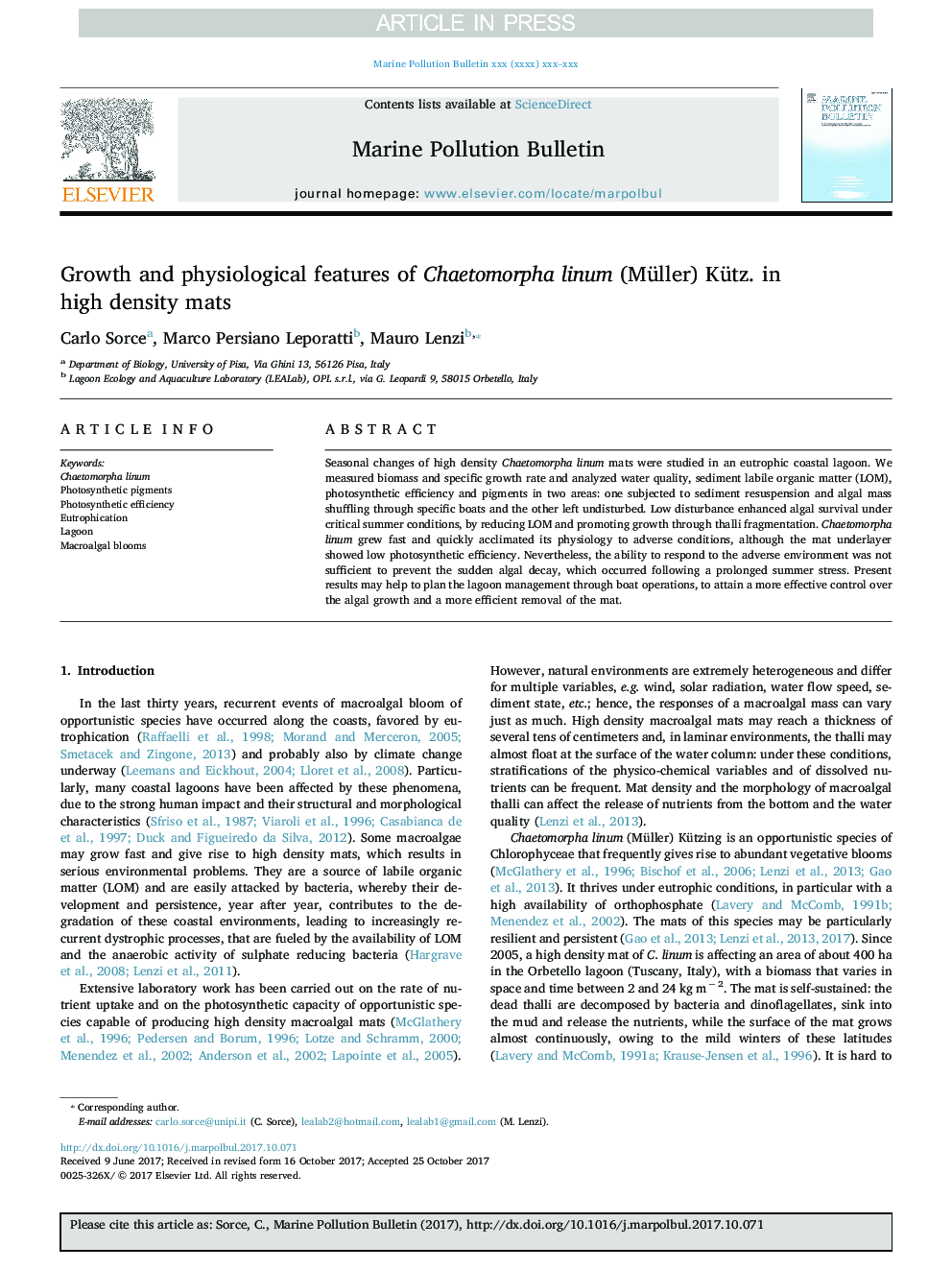 Growth and physiological features of Chaetomorpha linum (Müller) Kütz. in high density mats