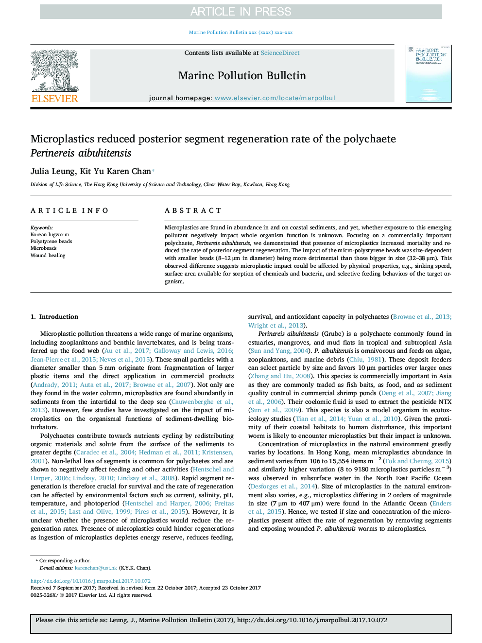 Microplastics reduced posterior segment regeneration rate of the polychaete Perinereis aibuhitensis