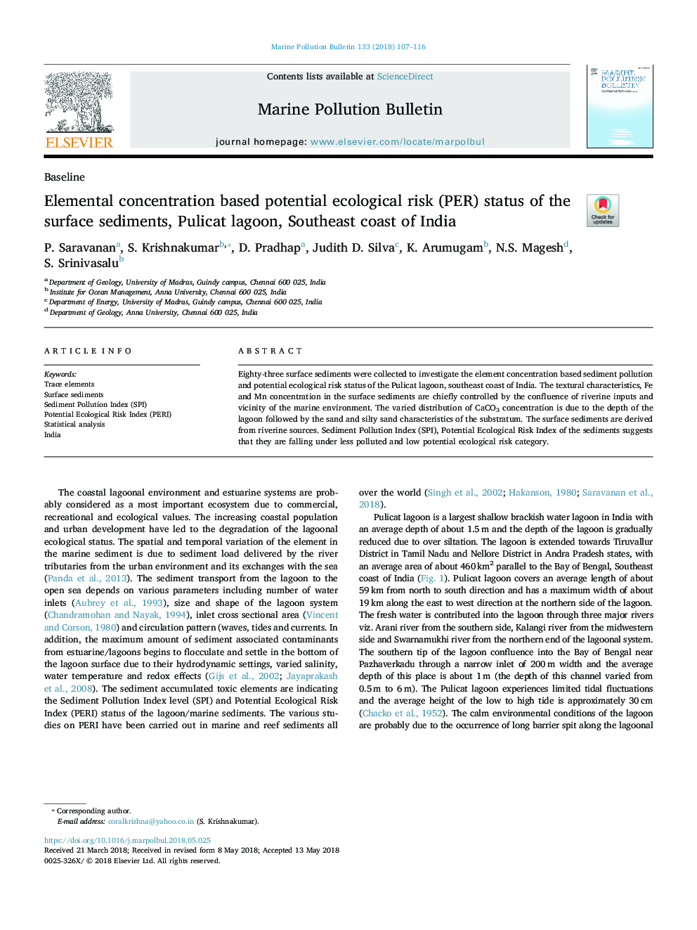 Elemental concentration based potential ecological risk (PER) status of the surface sediments, Pulicat lagoon, Southeast coast of India