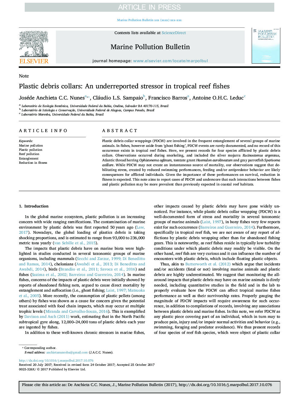 Plastic debris collars: An underreported stressor in tropical reef fishes