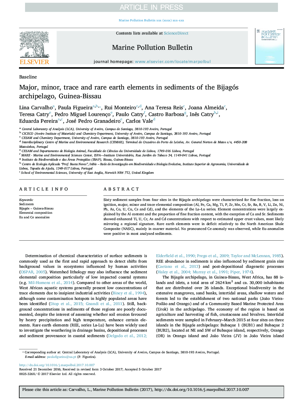 Major, minor, trace and rare earth elements in sediments of the Bijagós archipelago, Guinea-Bissau