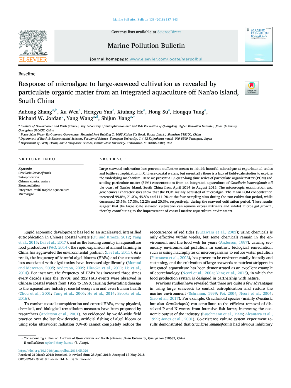 عکس صفحه اول مقاله: Response of microalgae to large-seaweed cultivation as revealed by particulate organic matter from an integrated aquaculture off Nan'ao Island, South China Response of microalgae to large-seaweed cultivation as revealed by particulate organic matter from an integrated aquaculture off Nan'ao Island, South China