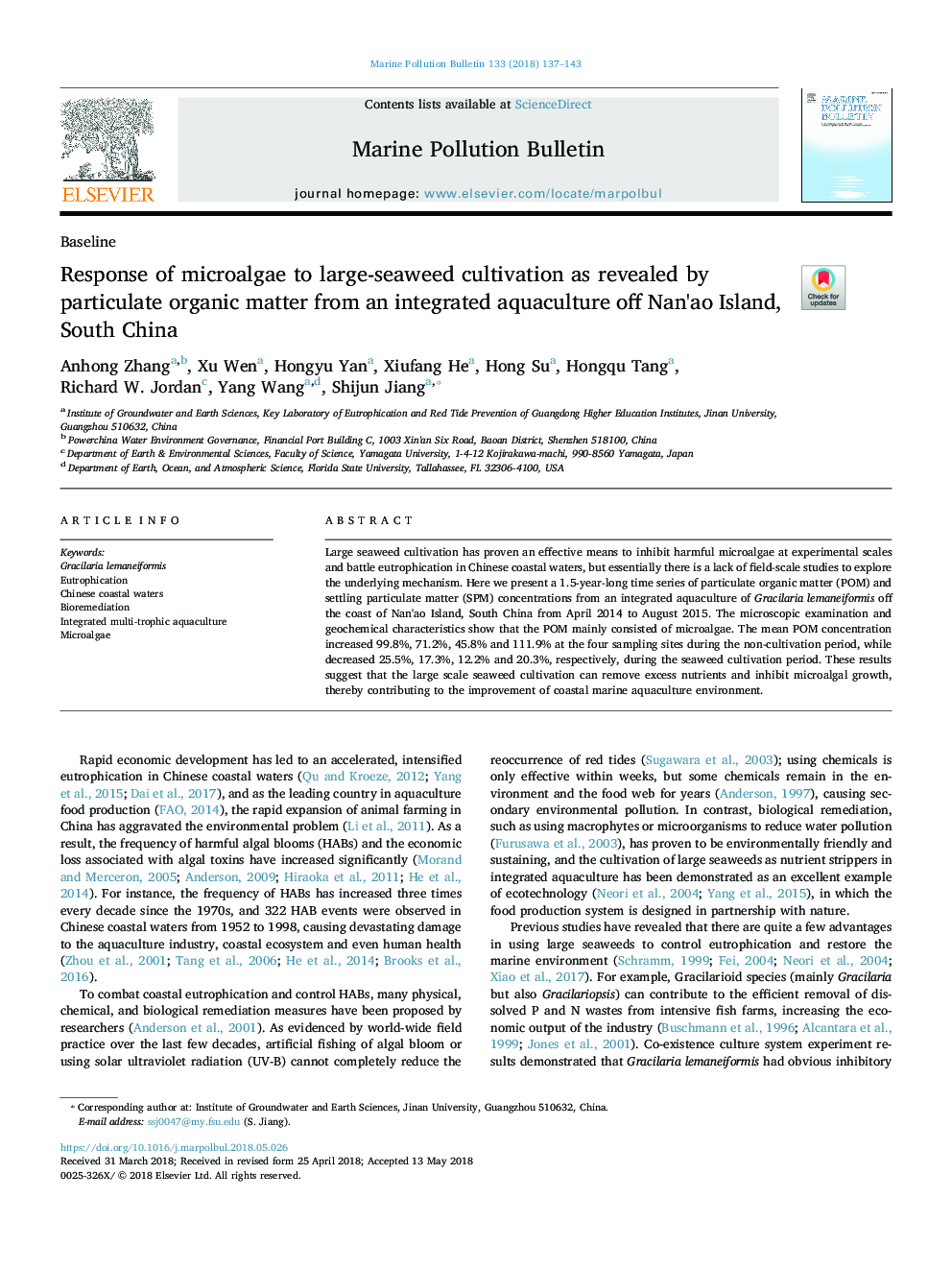 Response of microalgae to large-seaweed cultivation as revealed by particulate organic matter from an integrated aquaculture off Nan'ao Island, South China