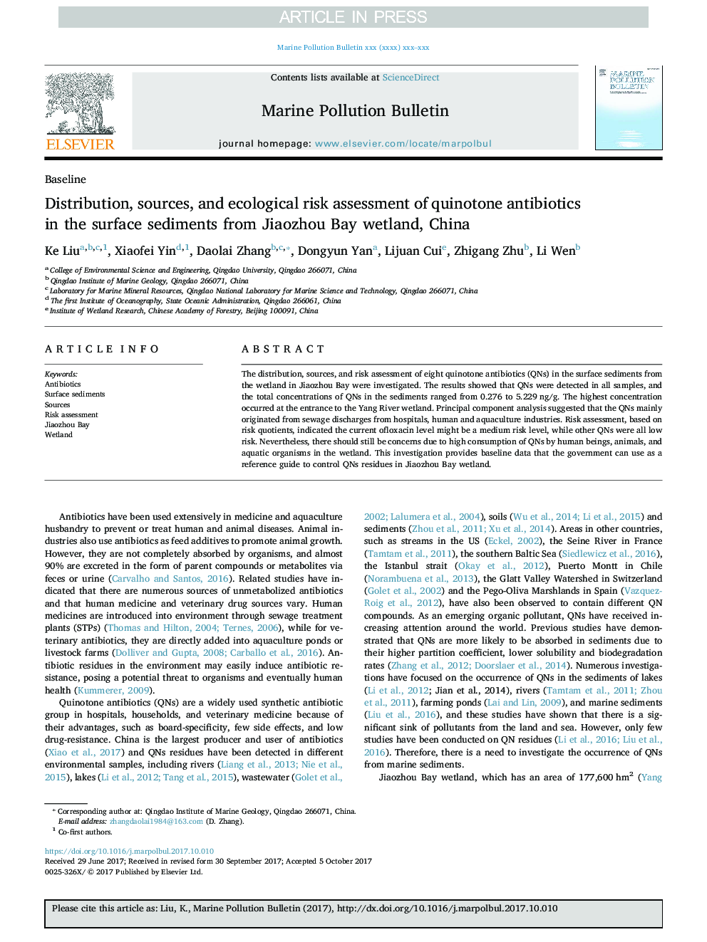 Distribution, sources, and ecological risk assessment of quinotone antibiotics in the surface sediments from Jiaozhou Bay wetland, China