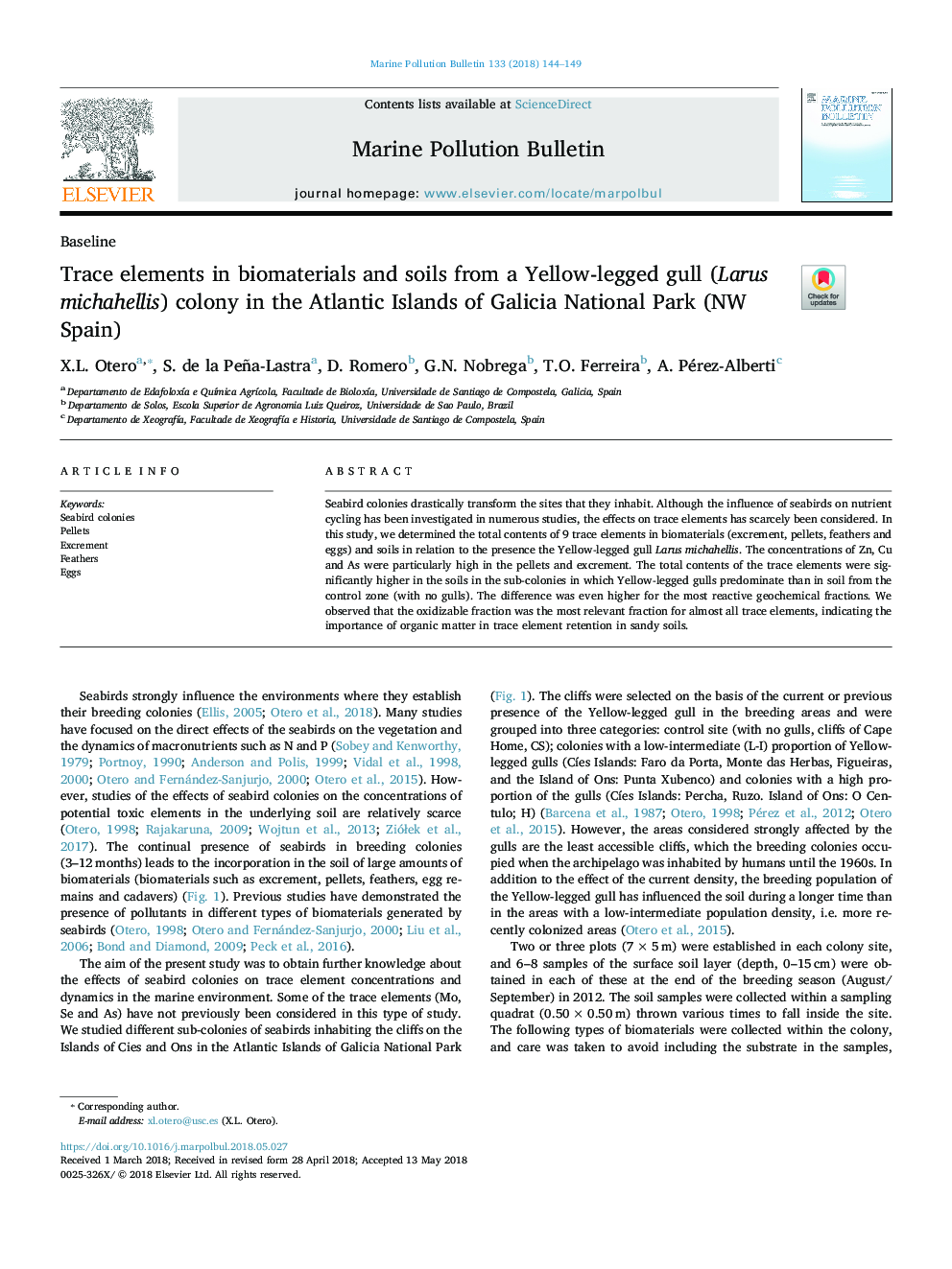 Trace elements in biomaterials and soils from a Yellow-legged gull (Larus michahellis) colony in the Atlantic Islands of Galicia National Park (NW Spain)