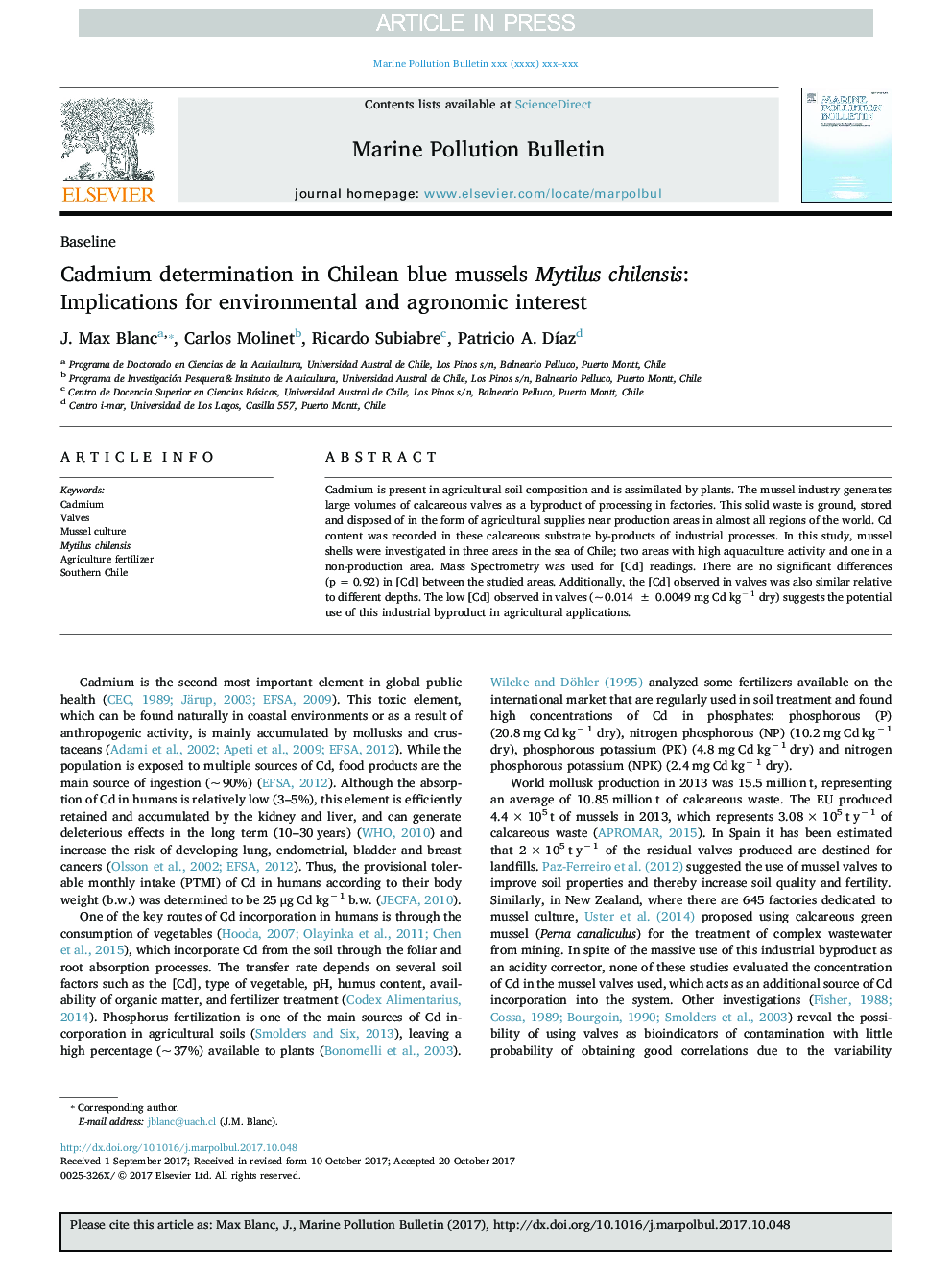 Cadmium determination in Chilean blue mussels Mytilus chilensis: Implications for environmental and agronomic interest